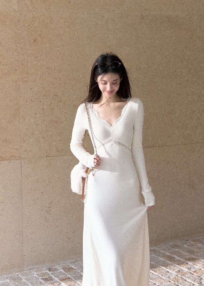 Women's cream A-line knit dress with fitted waist and lace neckline