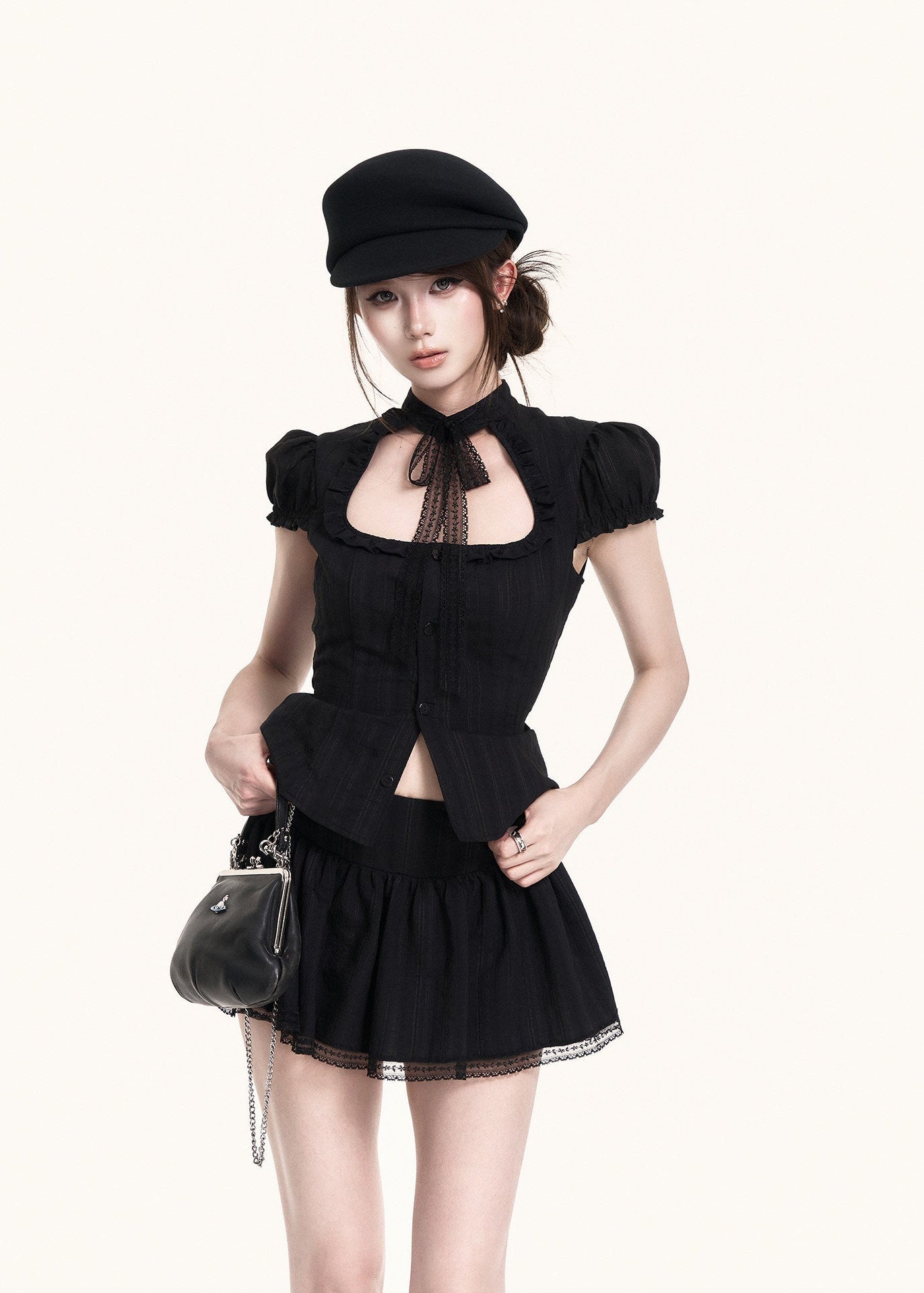 Black lace cutout top and mini skirt set