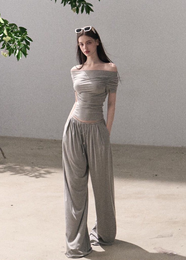 Mist gray two-piece set with relaxed wide-leg pants