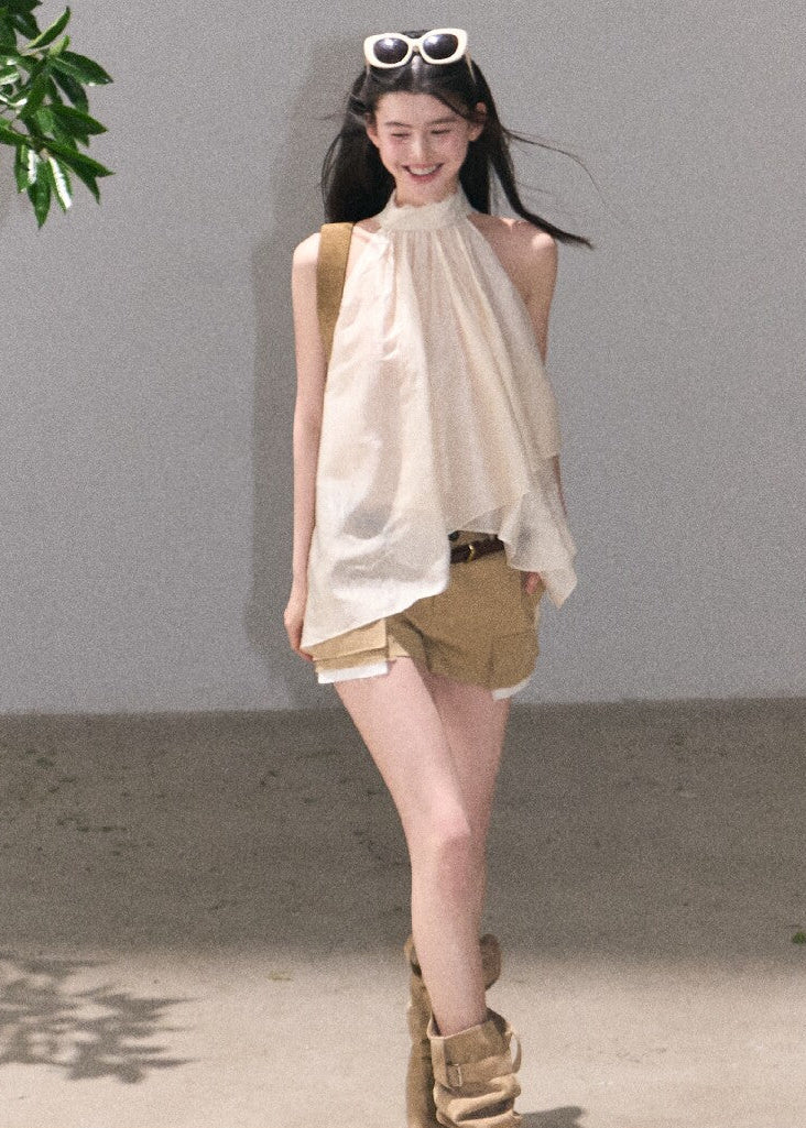 Cream halter tunic top with soft movement