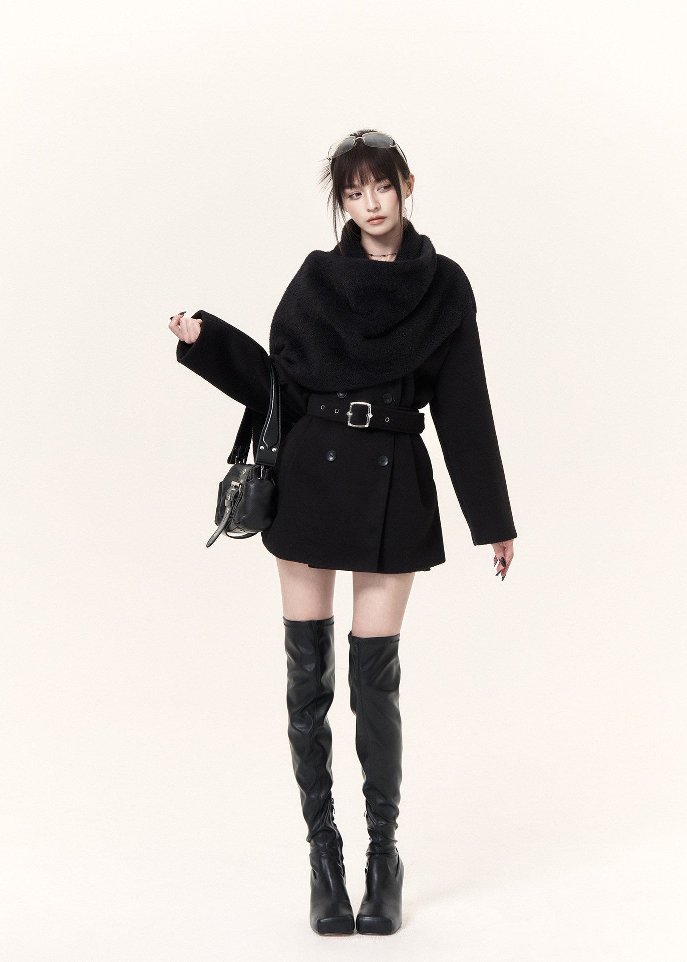 Black wool blend coat with embroidered scarf detail and fitted waist belt
