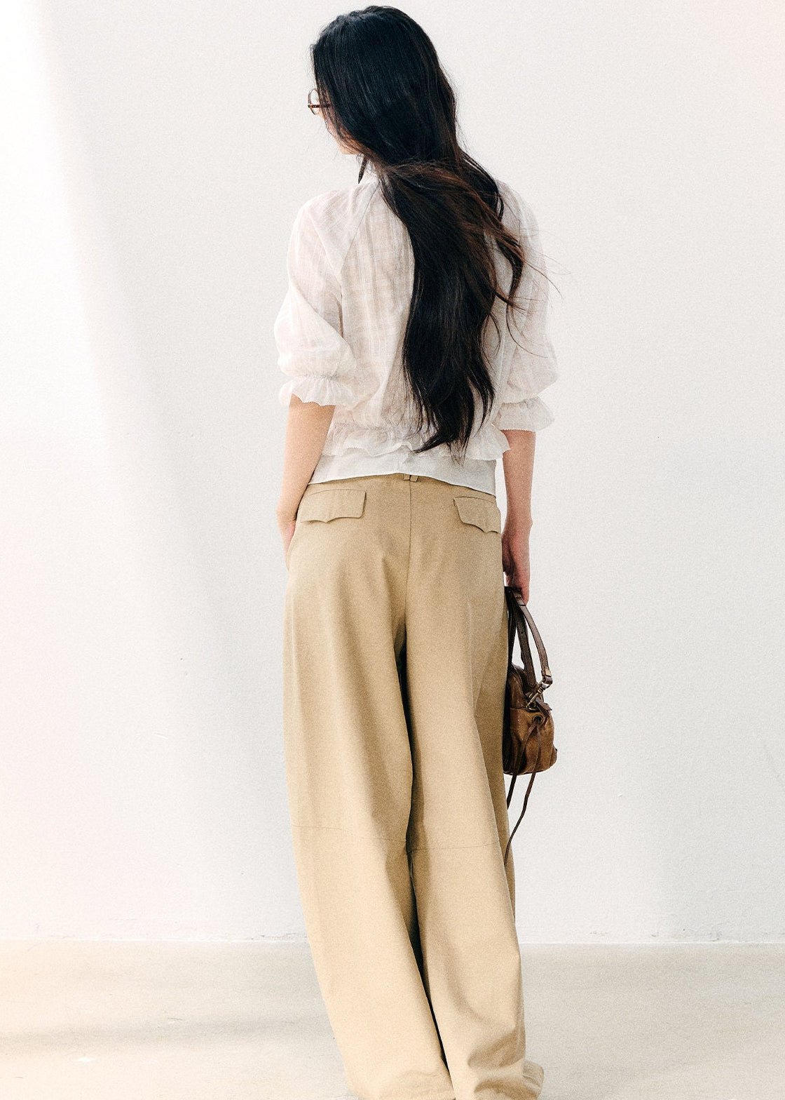 Korean-style textured cotton top with elbow-length sleeves