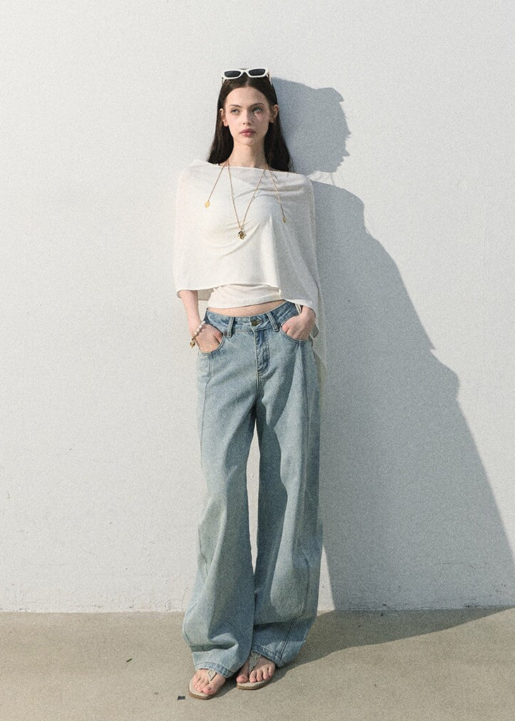 Women’s minimalist draped white stretch top with waist-defining fit
