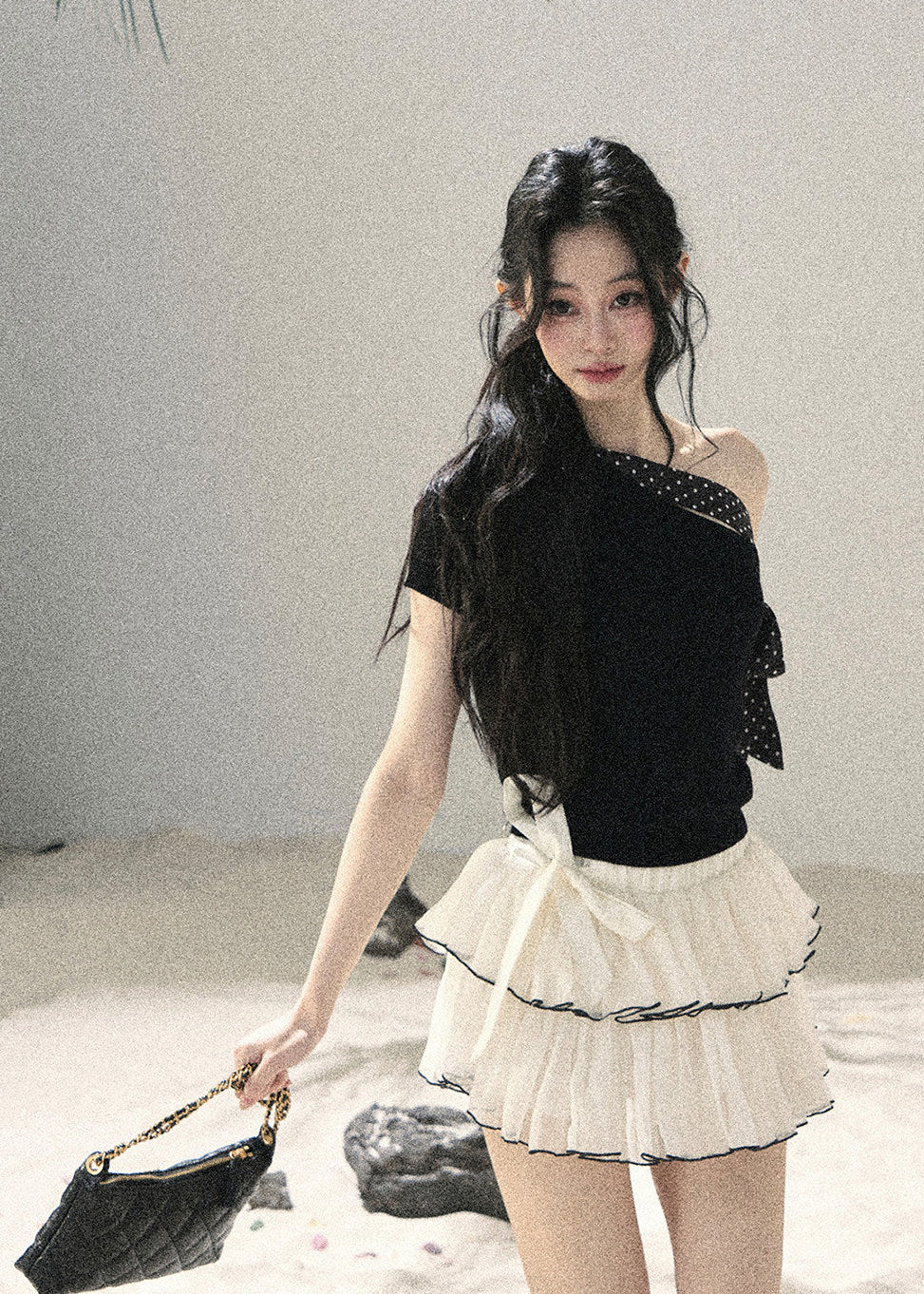Airy ivory mini skirt with layered chiffon design