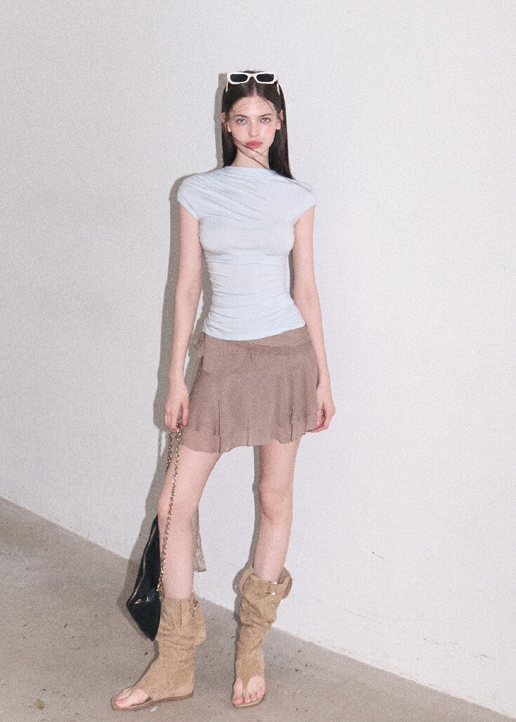 Warm taupe mini skirt with feminine layers