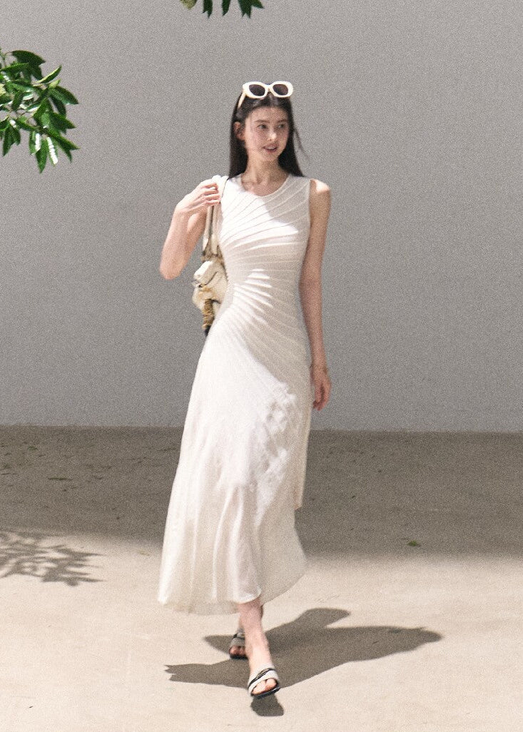 Grey draped midi dress with a refined sleeveless silhouette