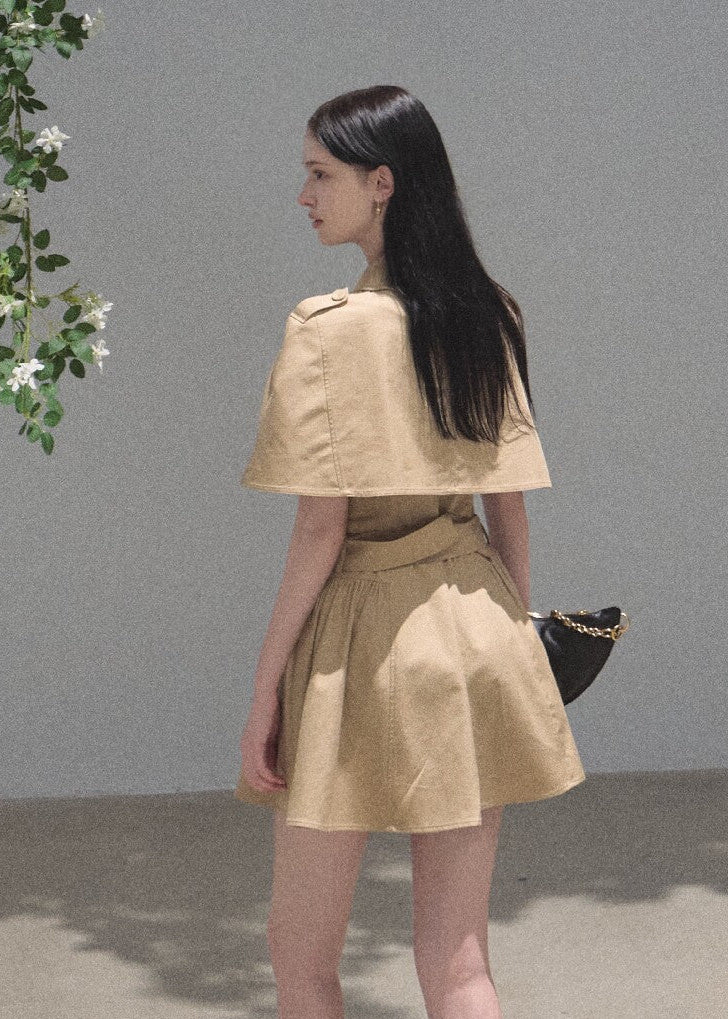 Khaki lyocell-cotton mini dress with a softly flared skirt