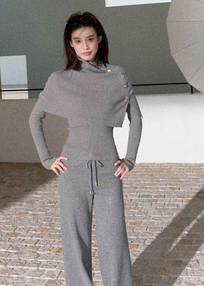 Korean-inspired brown turtleneck cape and fitted knit top set