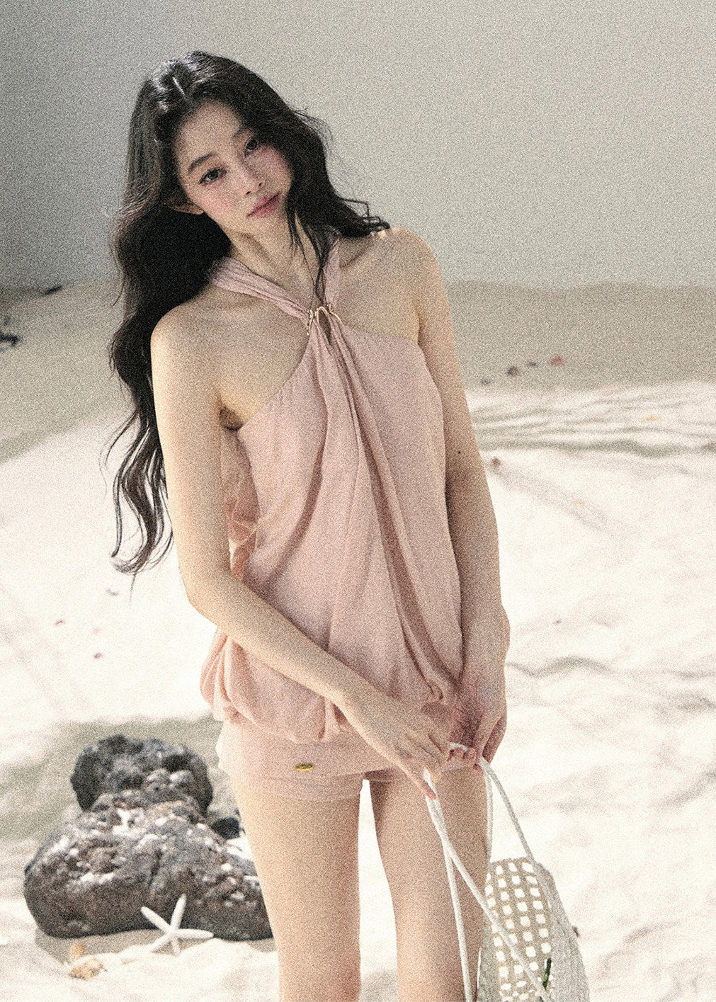 Feminine blush top and skirt-shorts set for summer