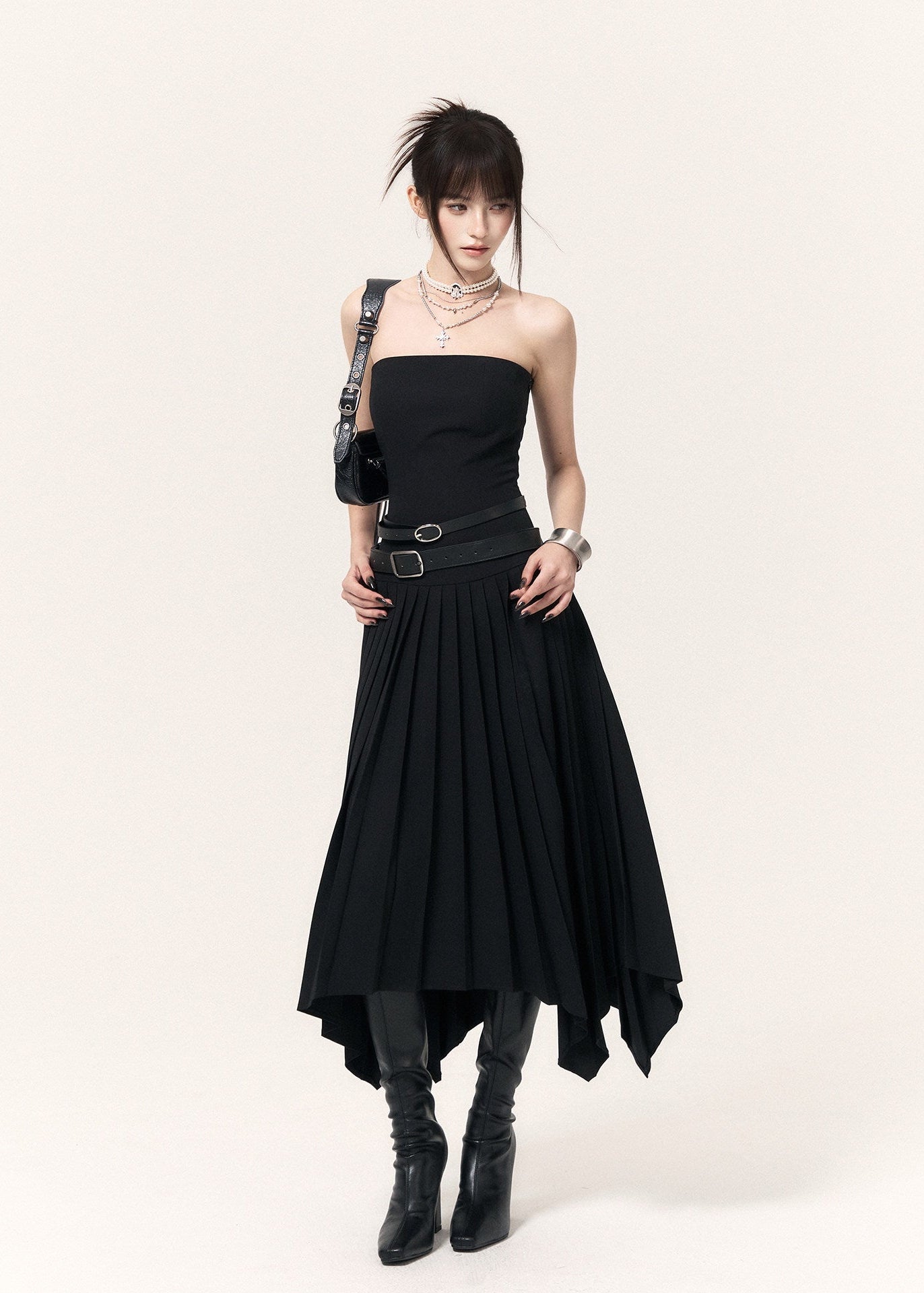 1. Dark asymmetric midi dress with a draped handkerchief hem and fitted waist