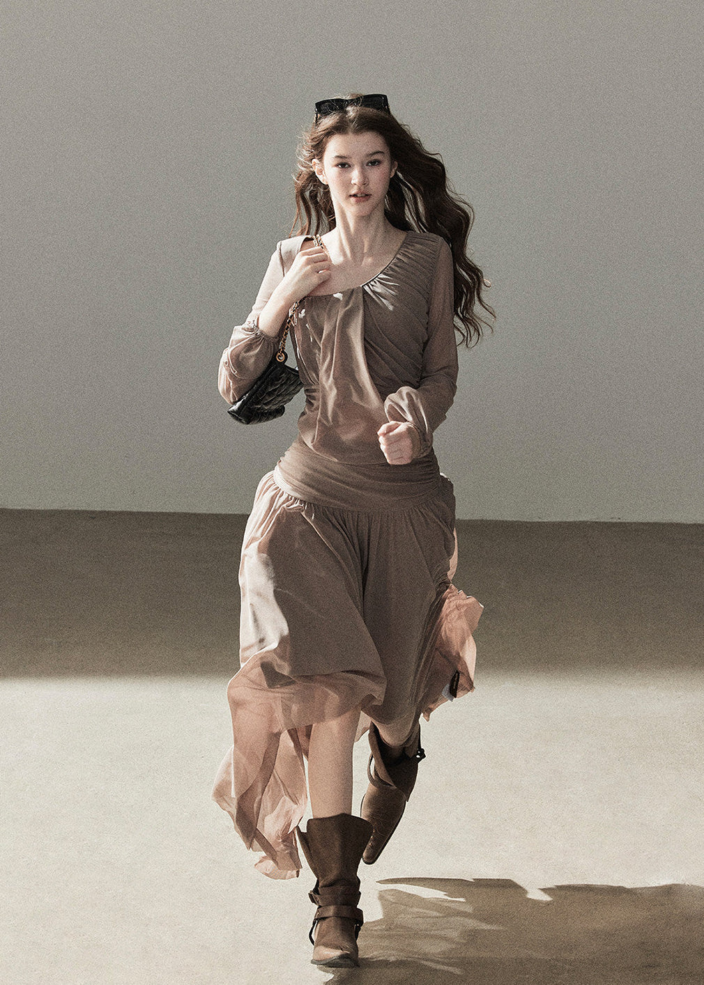 Draped taupe top and maxi skirt two-piece set