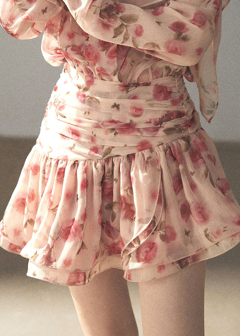 Pink floral chiffon mini dress with long sleeves
