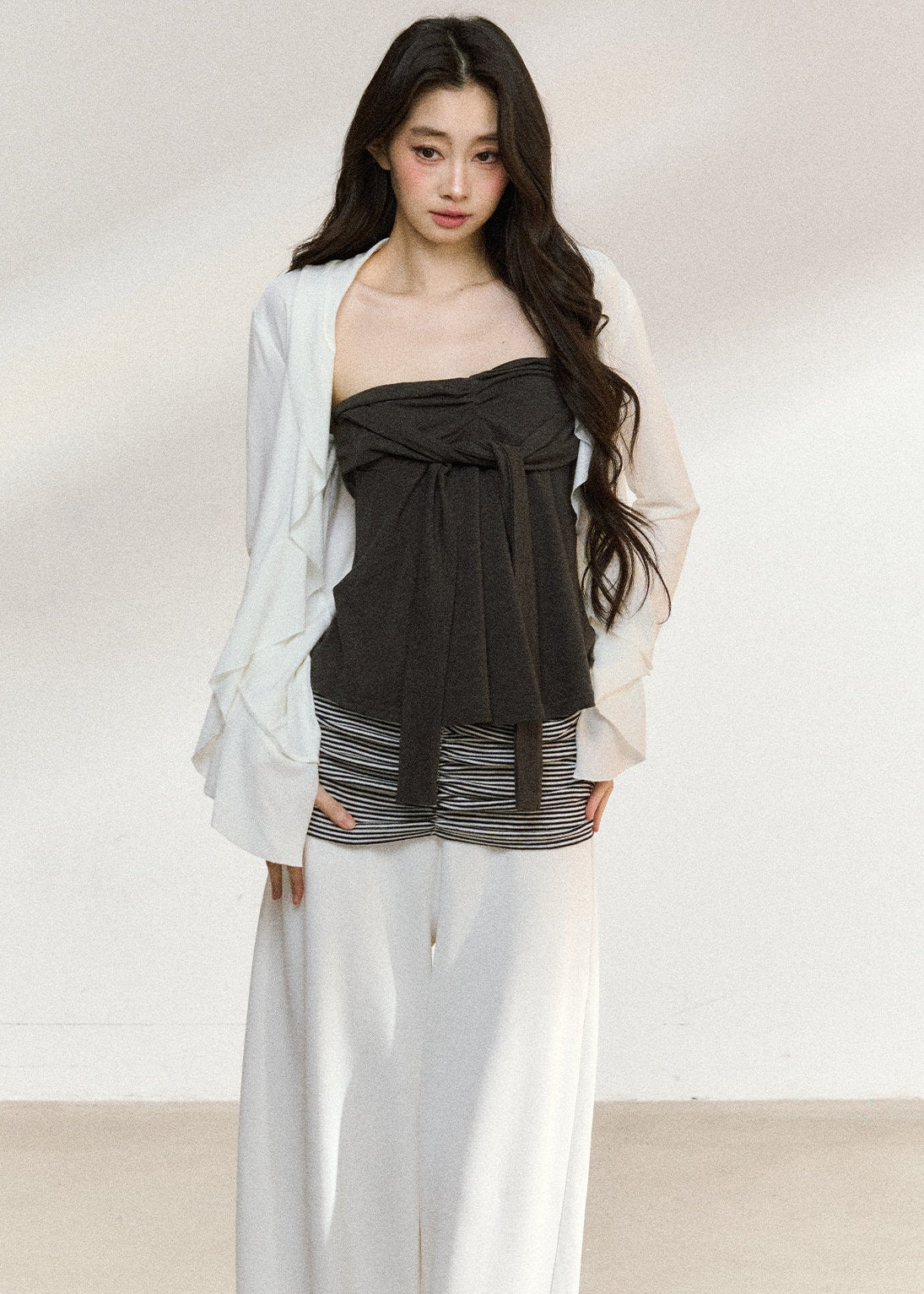 Charcoal camisole styled with a lightweight white cardigan