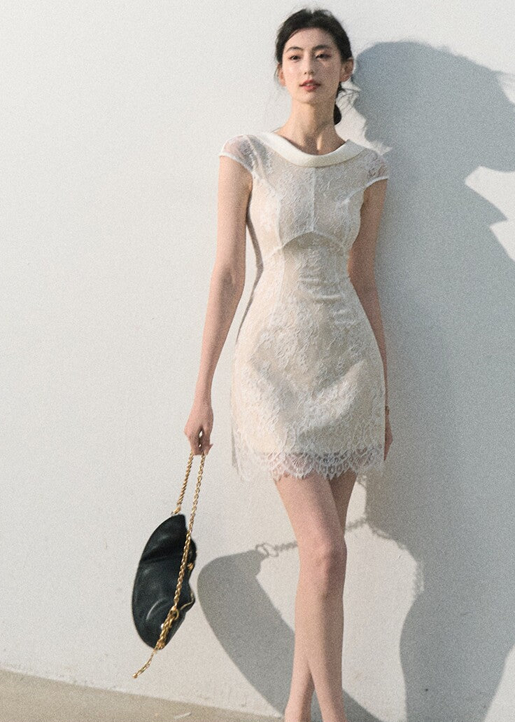 Close-fitting floral lace dress with a soft round neckline