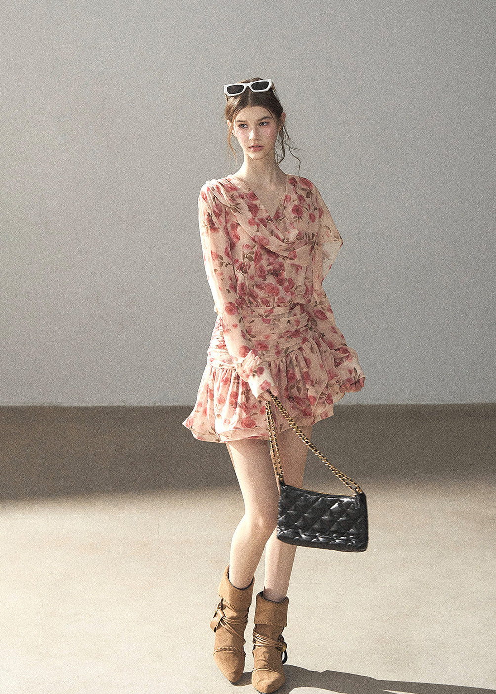 Pink floral chiffon mini dress with long sleeves