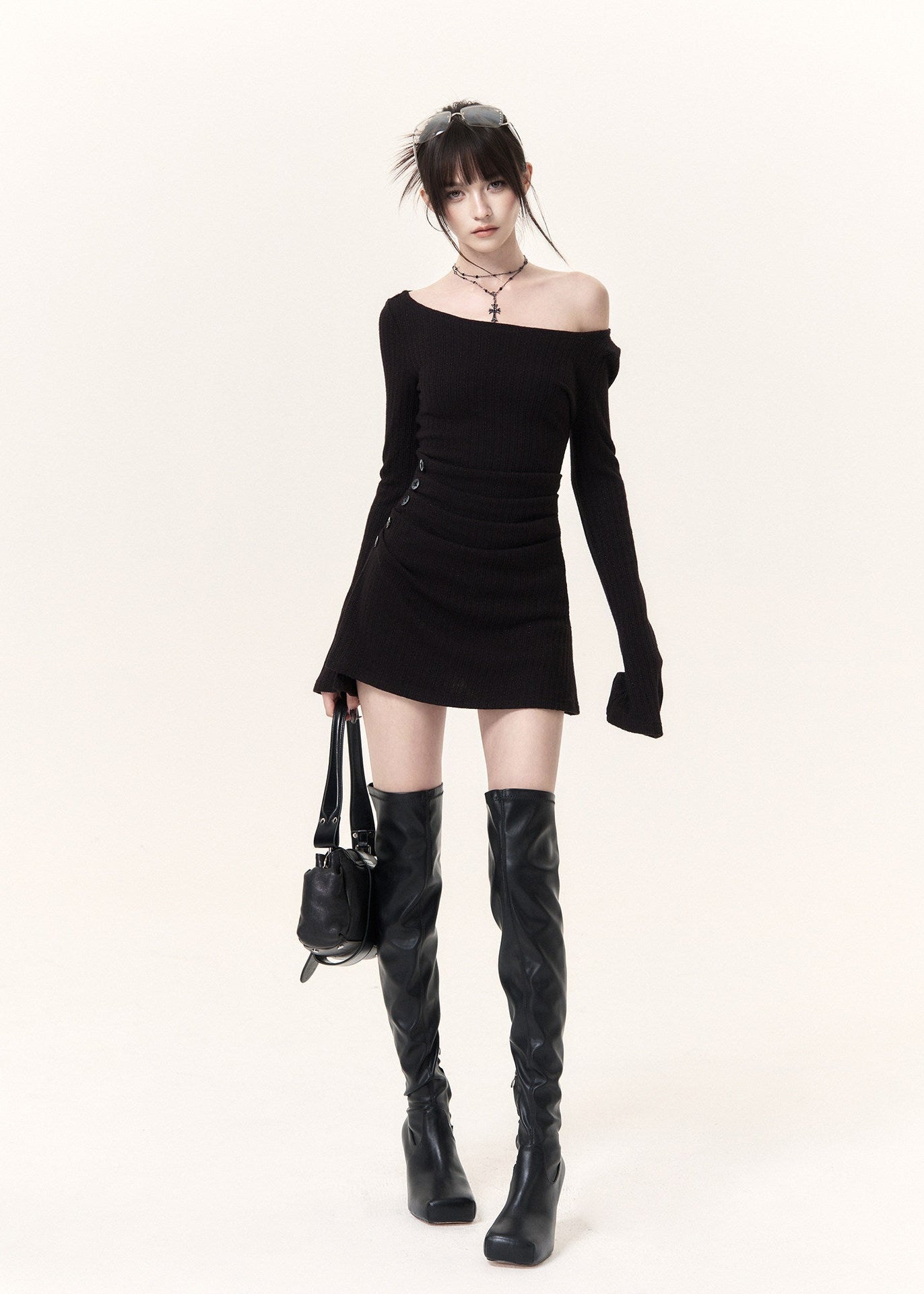 Black ruched off-shoulder knit top and shorts two-piece set