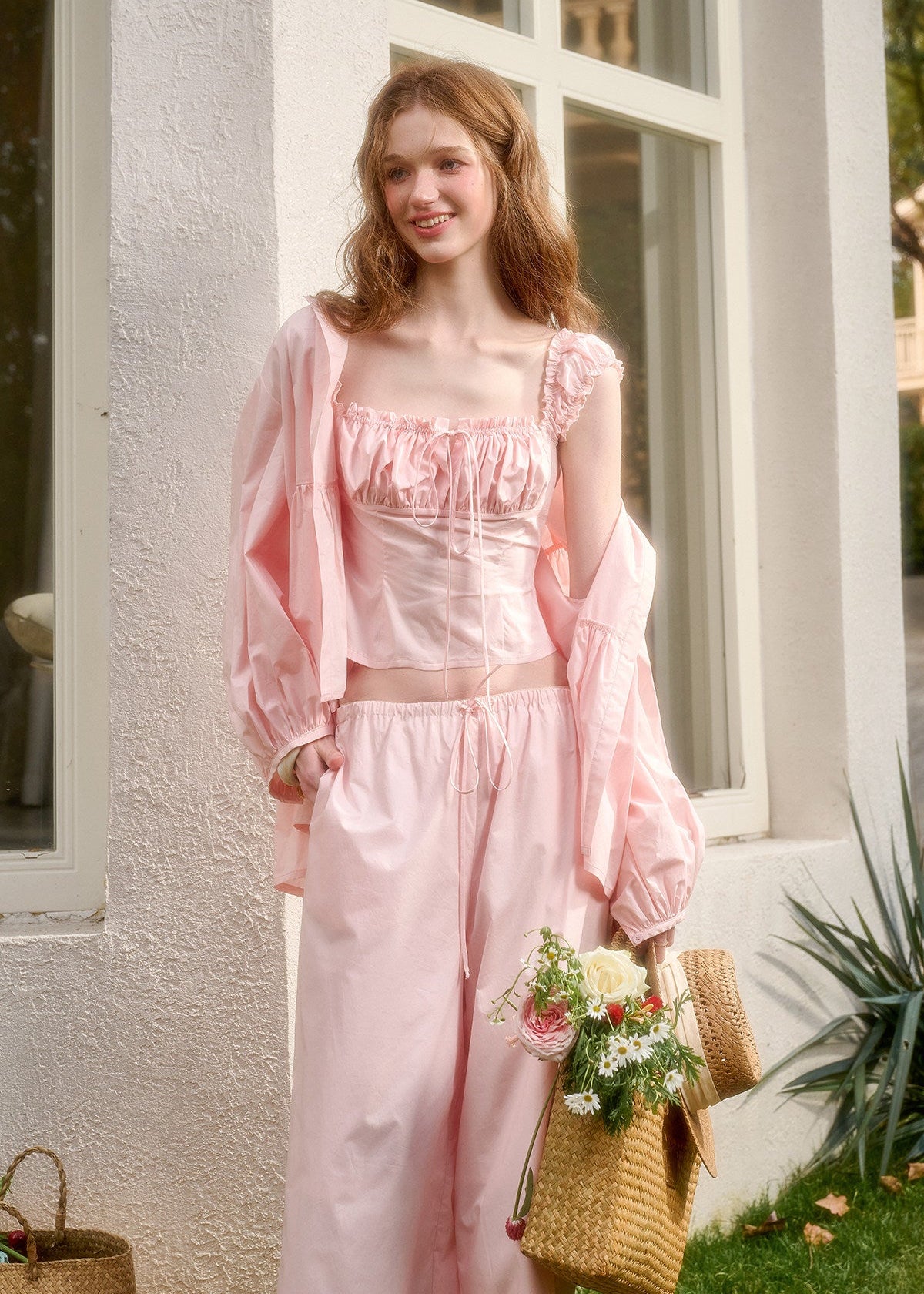 Feminine cotton top and pants set with drawstring detail