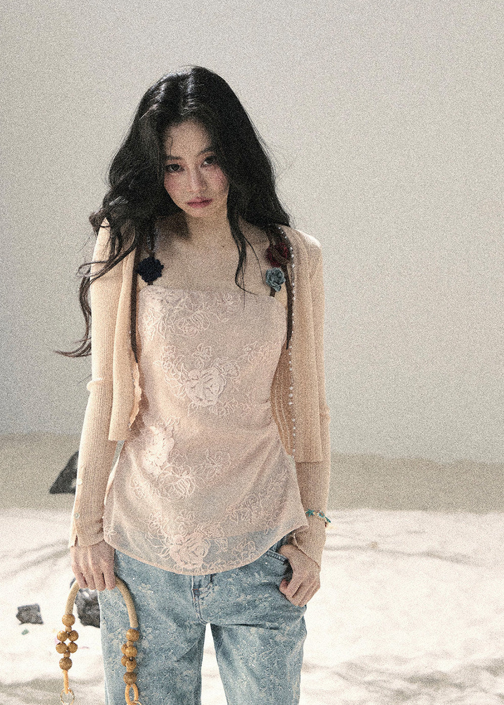 Romantic sheer woven strap top in soft pink