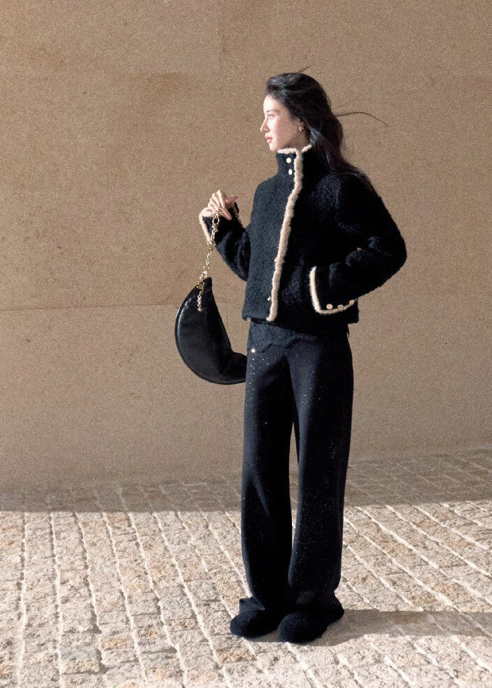 Elegant cropped wool blend jacket styled with grey tailored shorts