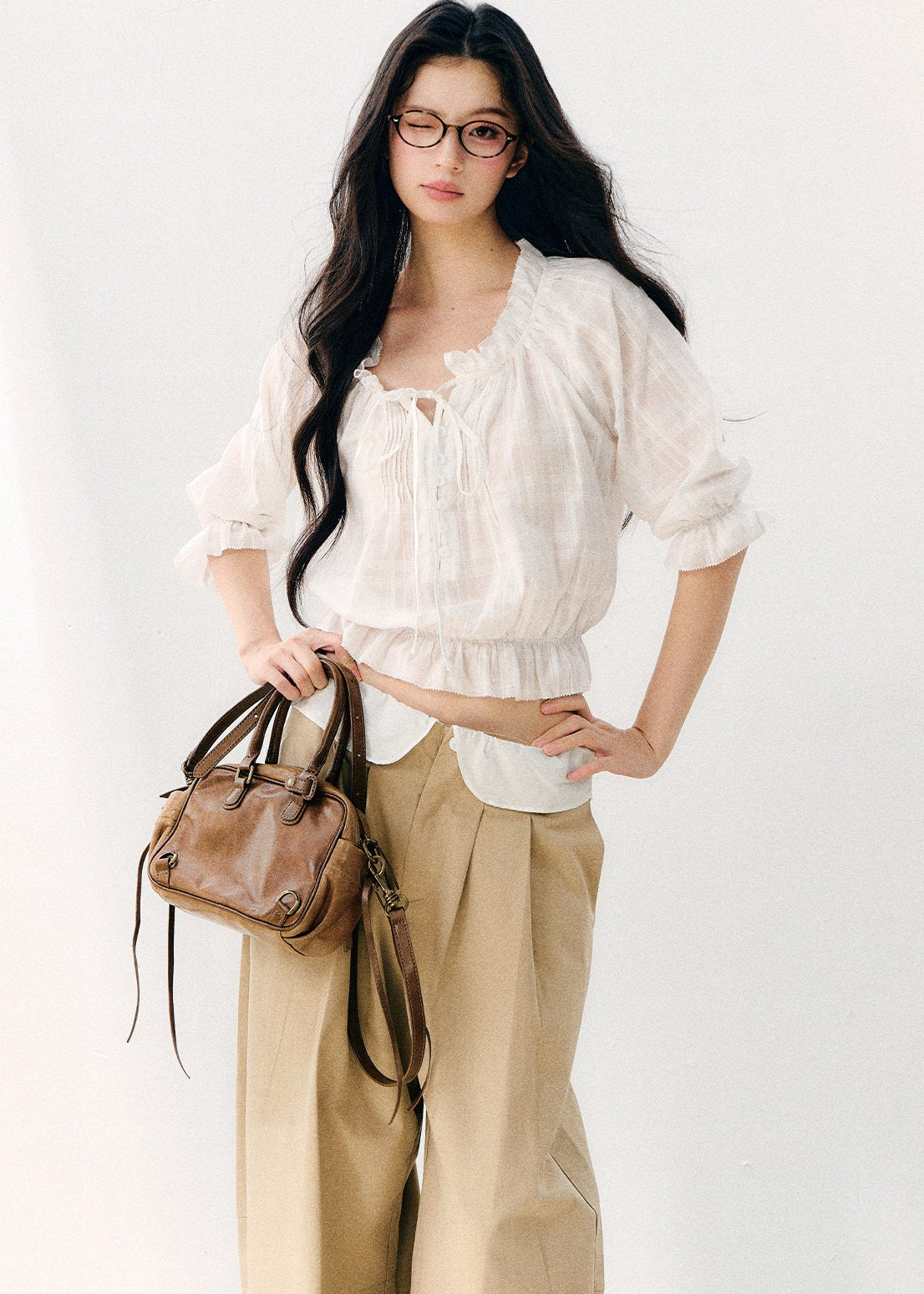 Korean-style textured cotton top with elbow-length sleeves