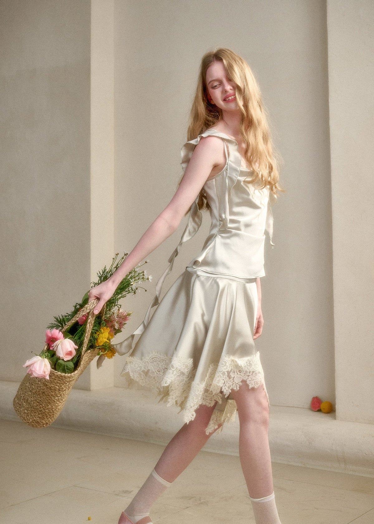 Graceful lace-hem satin skirt set for women