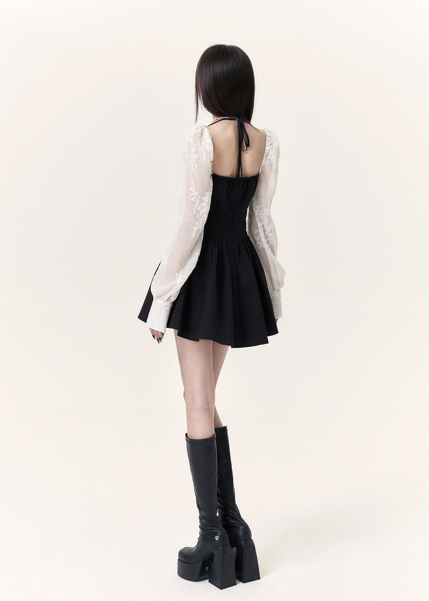 Elegant black skater mini dress with off-shoulder ivory lace detailing