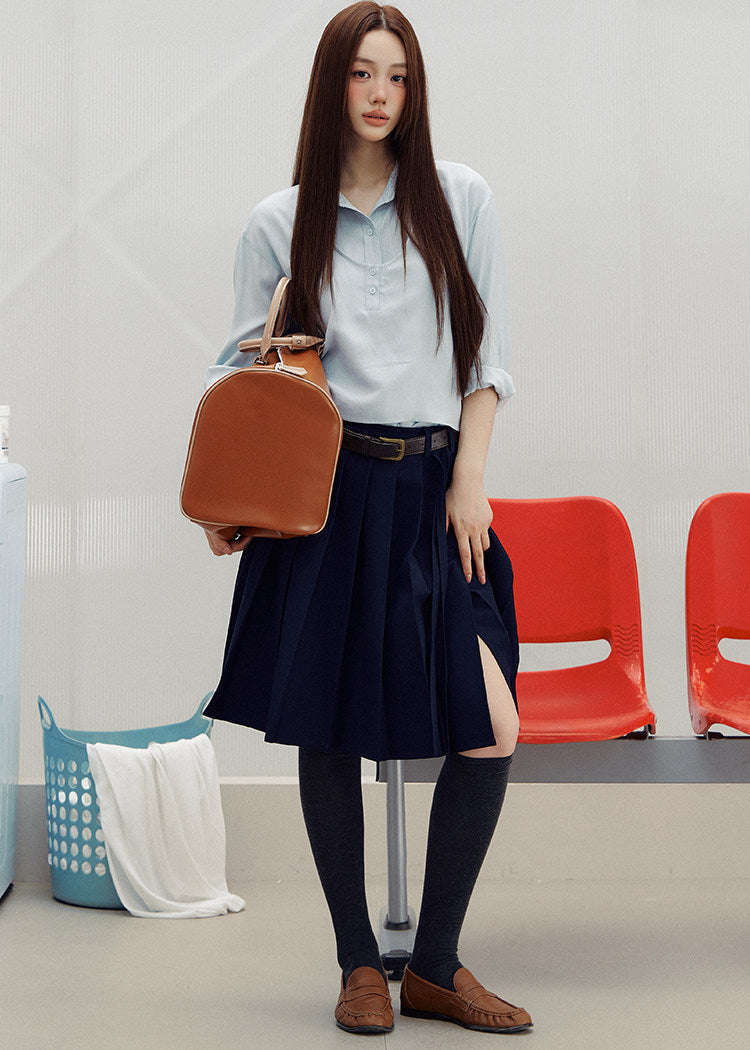 Korean-style blue button-up shirt with a coordinating draped layer