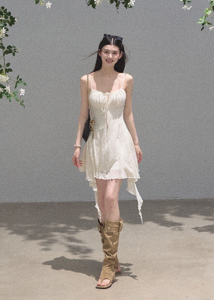 Soft cream jacquard mini dress with feminine fairy-inspired fit