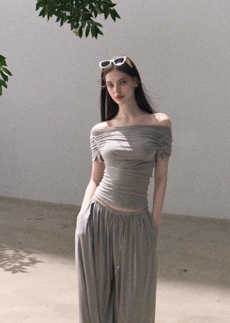 Mist gray two-piece set with relaxed wide-leg pants