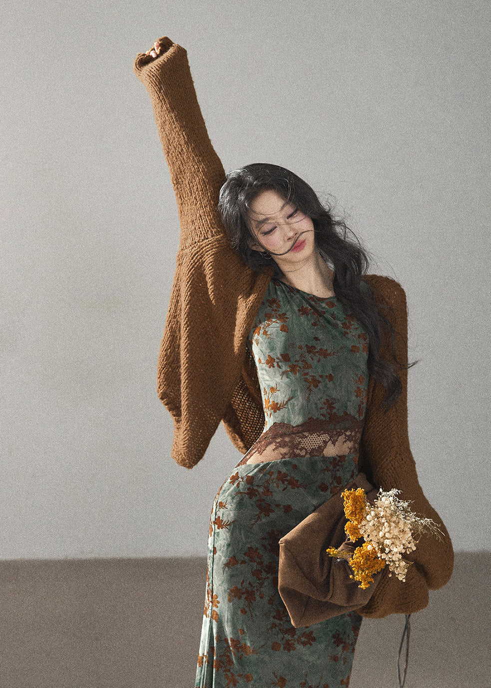 Green and rust floral print long dress with lace cutout detail