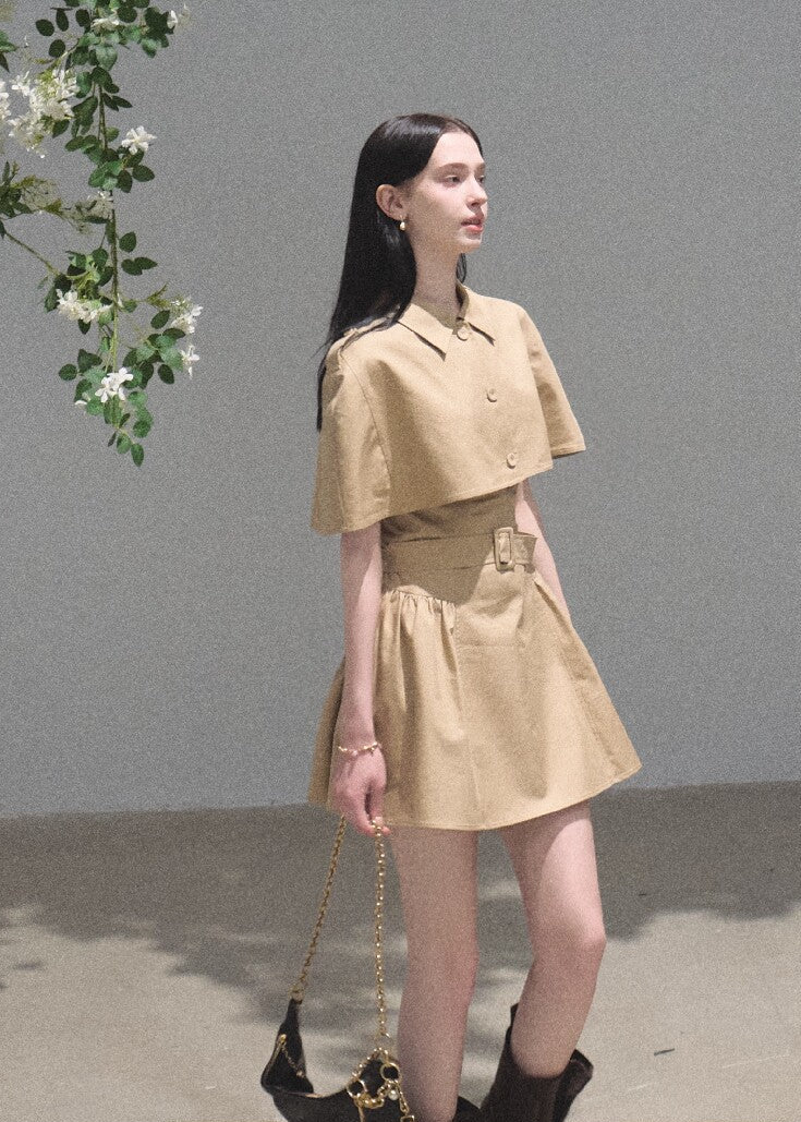 Khaki lyocell-cotton mini dress with a softly flared skirt