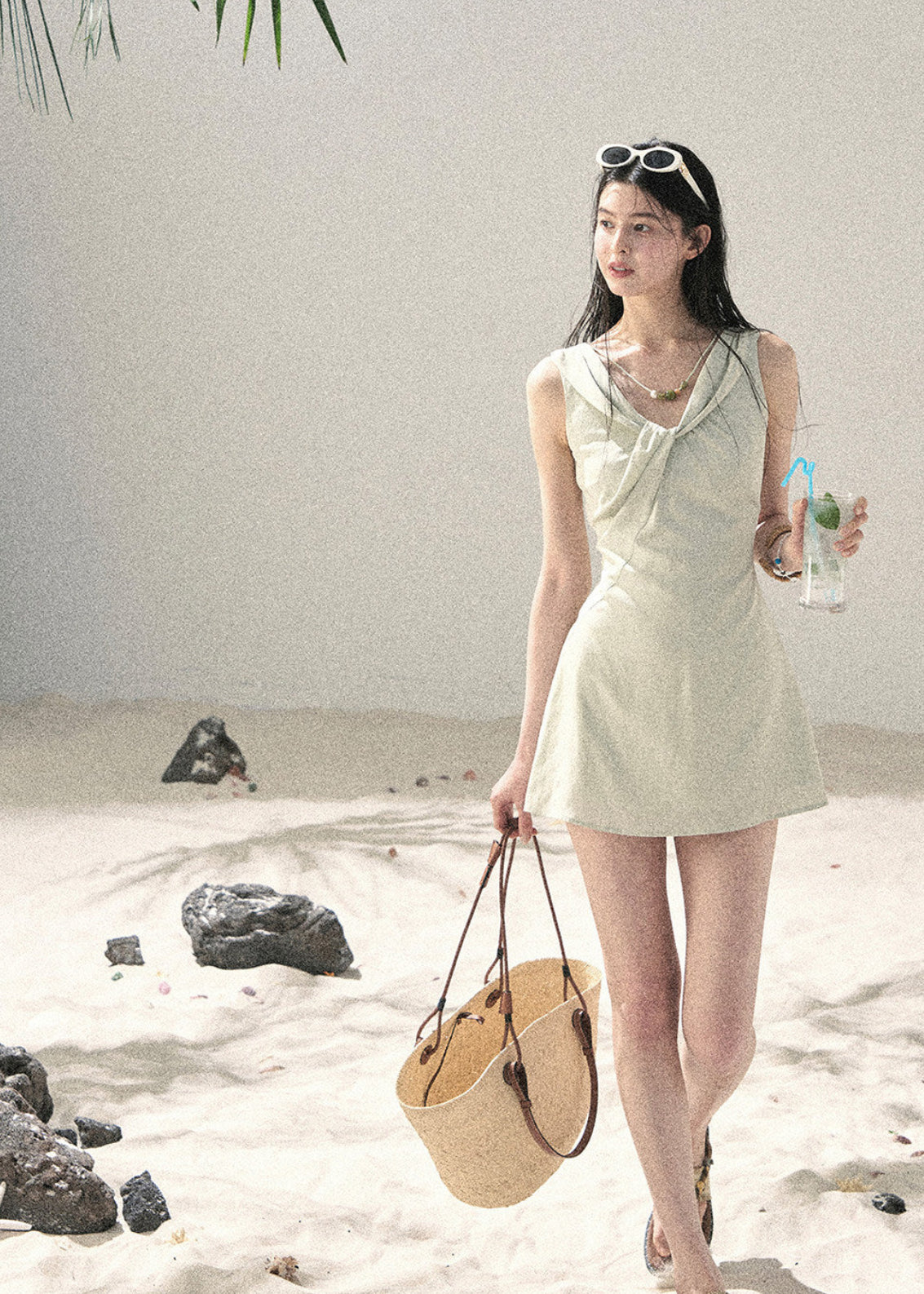 Women’s cinched-waist A-line mini dress in soft green
