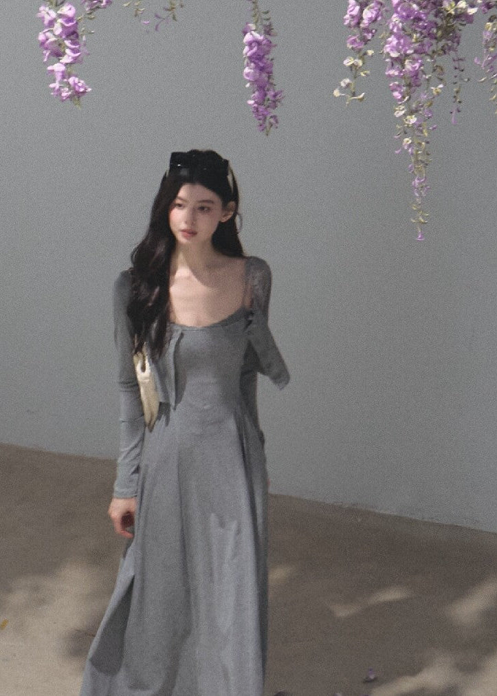 Soft mist beige cropped cardigan with delicate lace neckline detailing