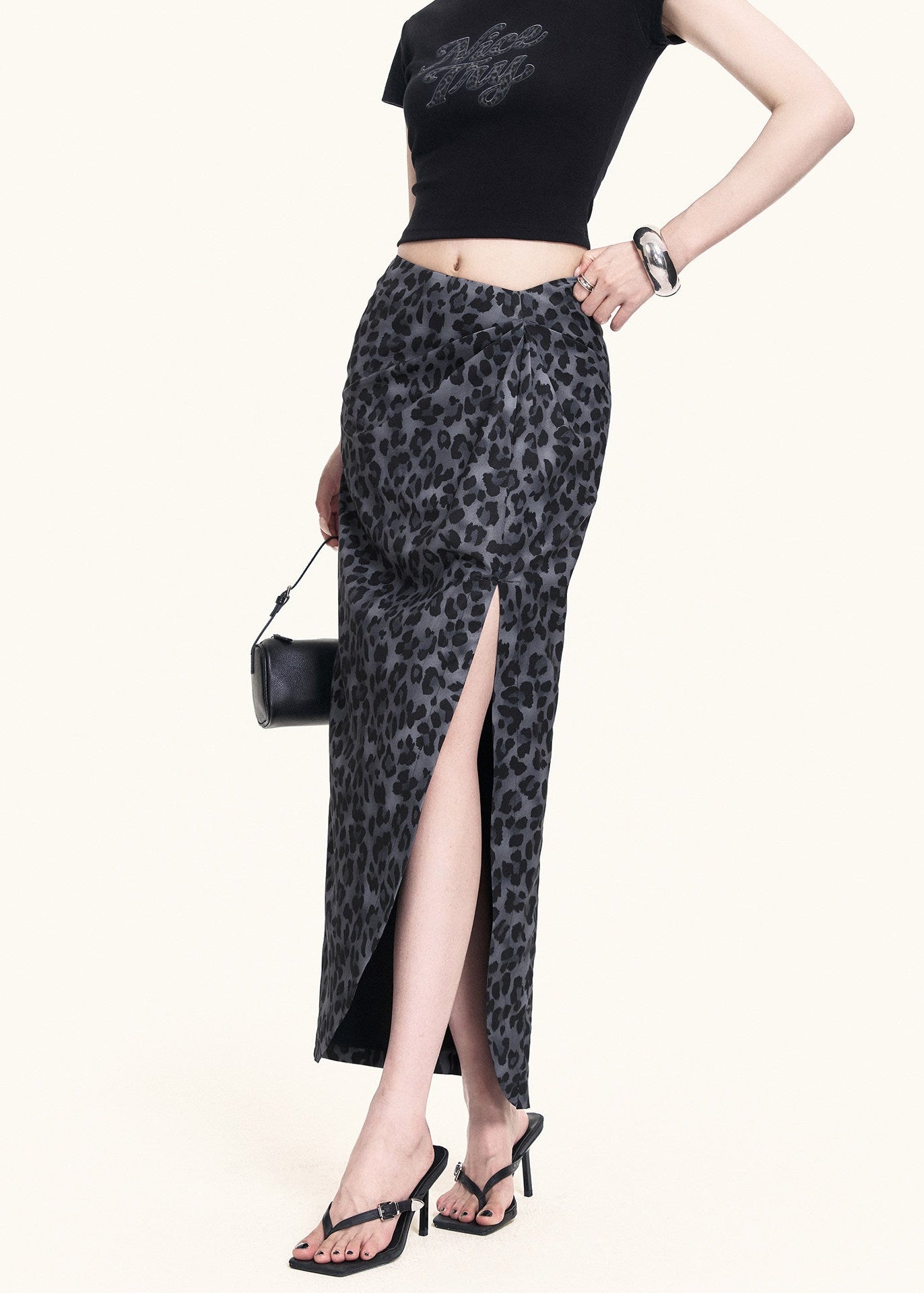 Leopard slit skirt with a fitted black crop top
