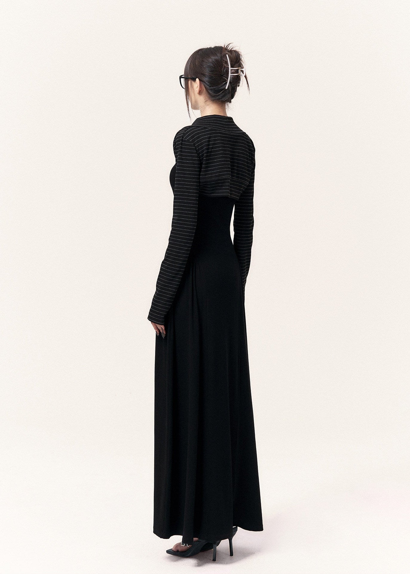 Women’s black fitted maxi dress and striped outer-layer set