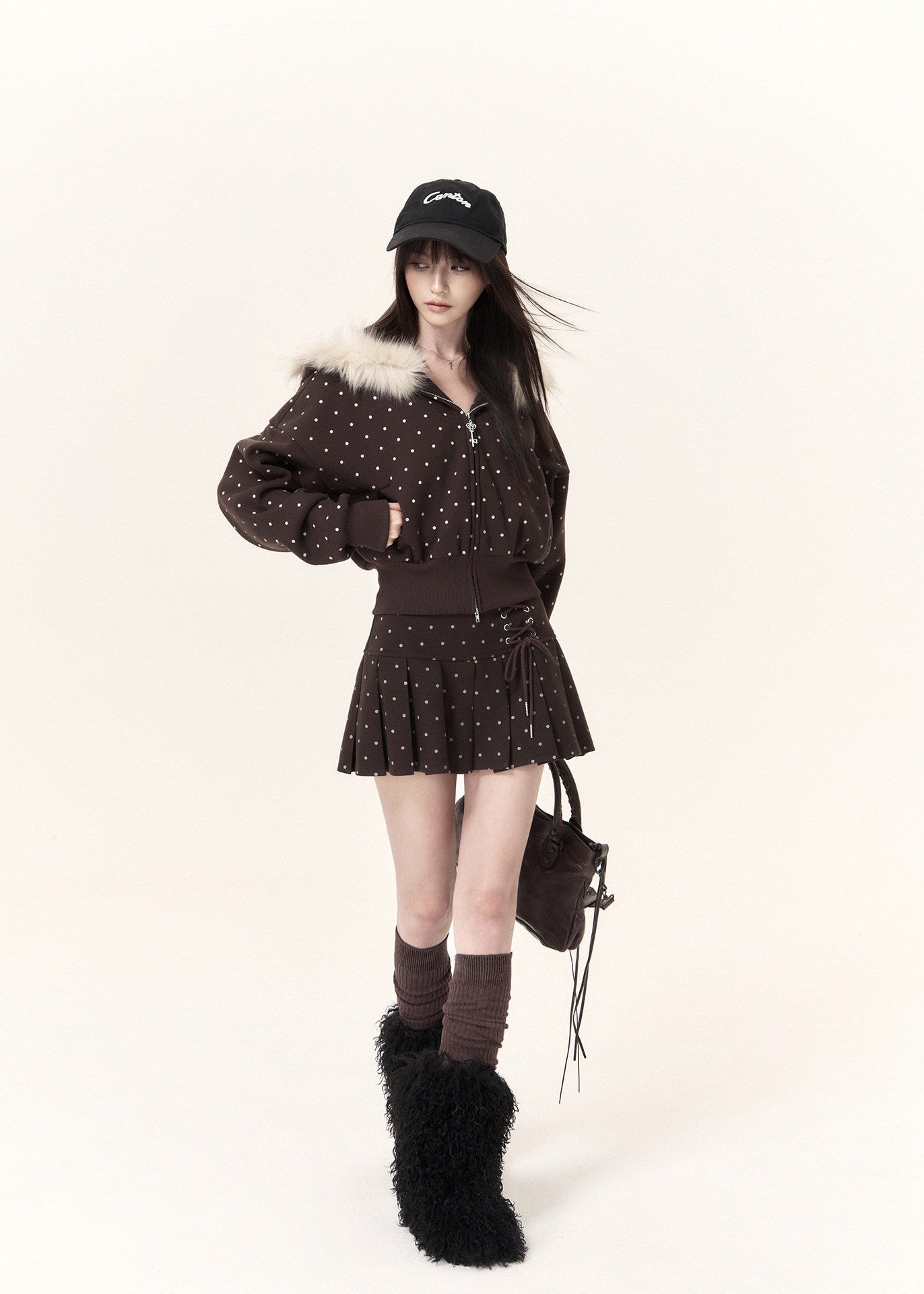 brown faux fur hooded polka dot zip up jacket for women