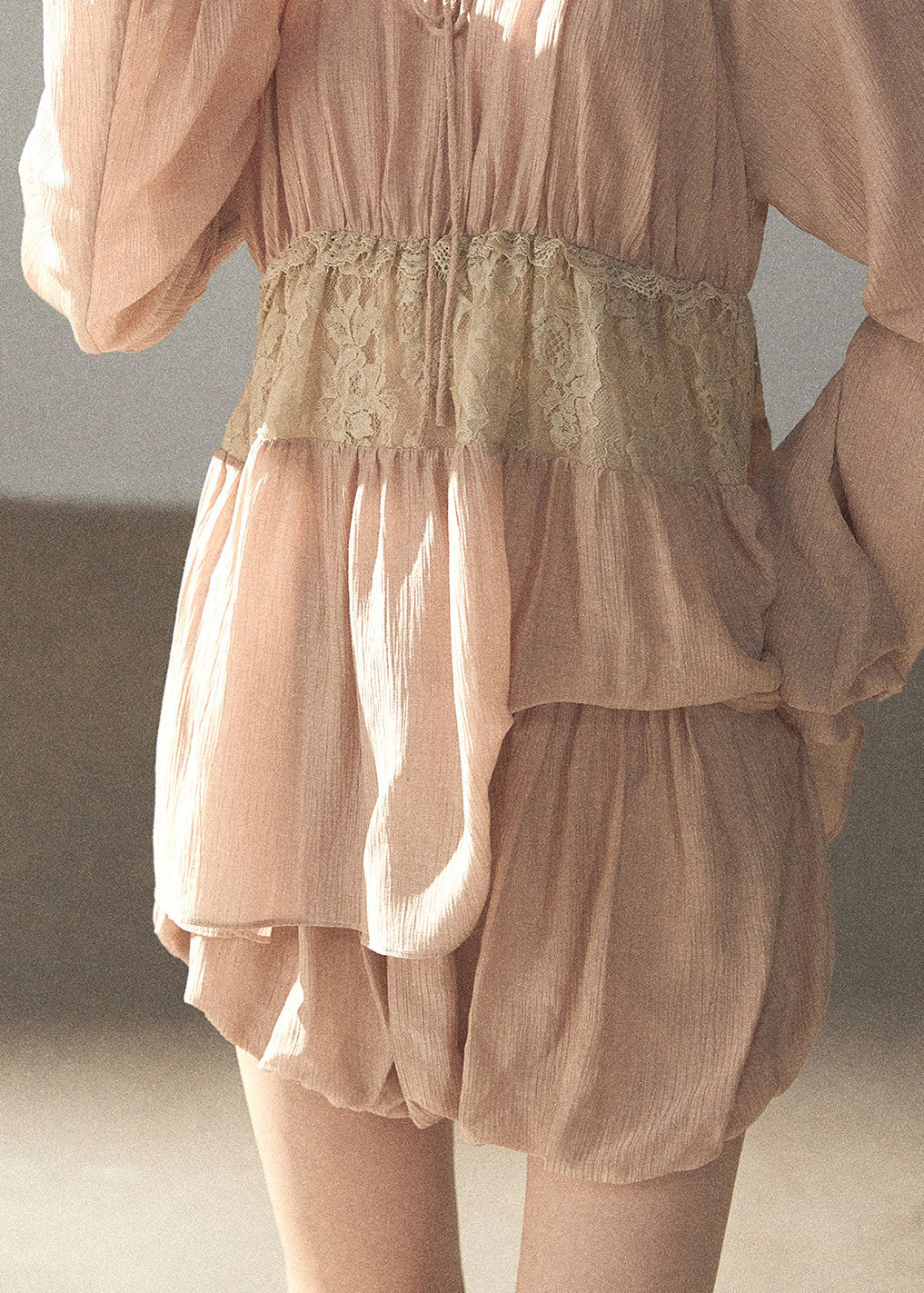 Blush lace waist blouse and skort two-piece set