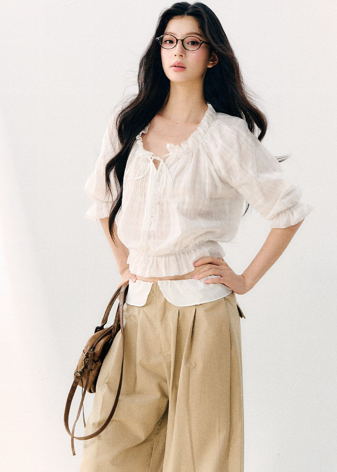 Korean-style textured cotton top with elbow-length sleeves
