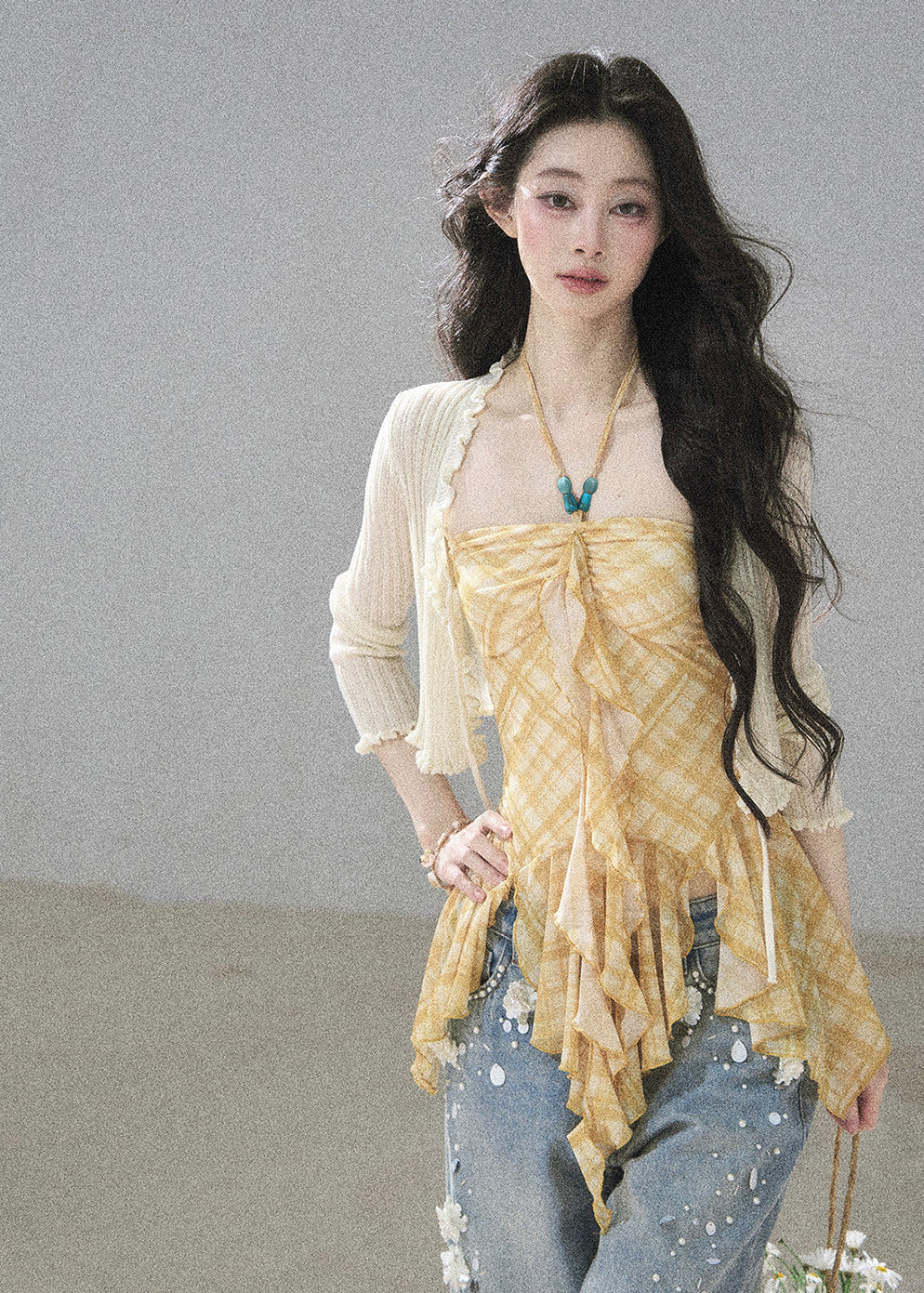 Provence-inspired golden check top with flowing side panels
