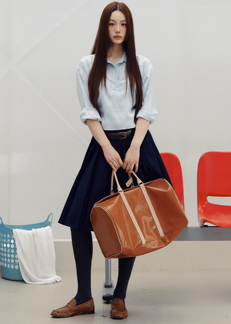Korean-style blue button-up shirt with a coordinating draped layer