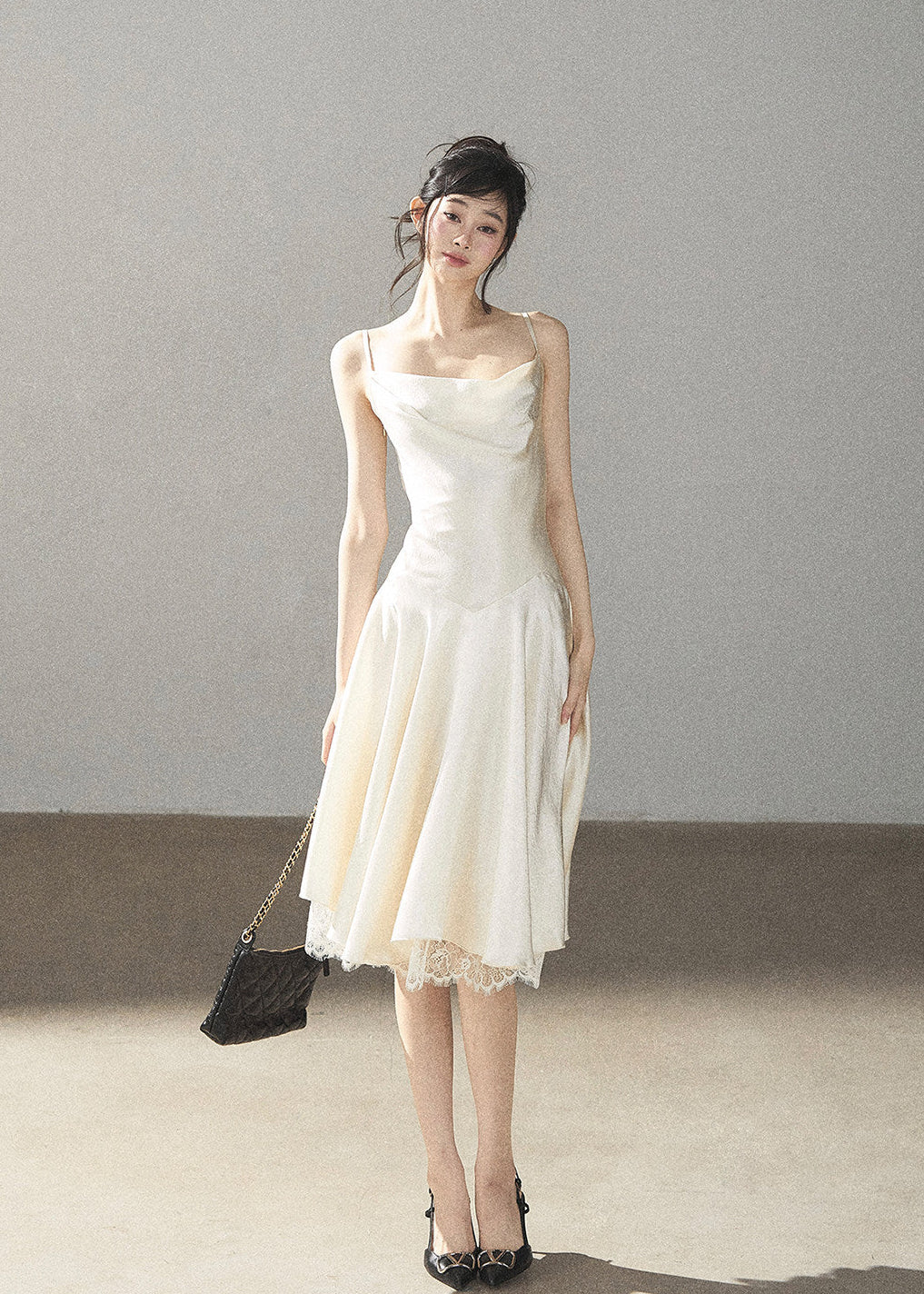 French-inspired satin slip dress in ivory