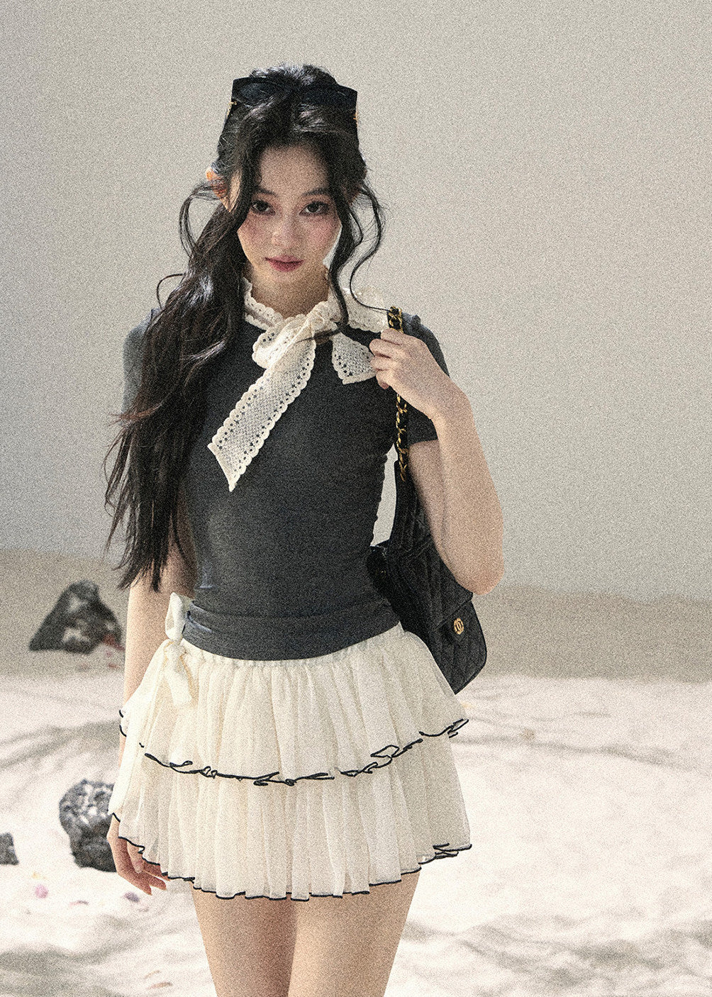 Airy ivory mini skirt with layered chiffon design