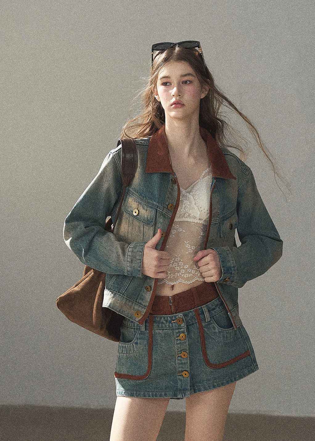 Washed denim jacket and mini skirt set