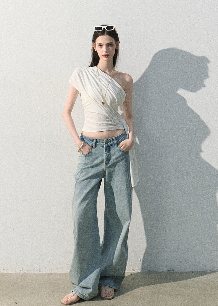 Women’s minimalist draped white stretch top with waist-defining fit