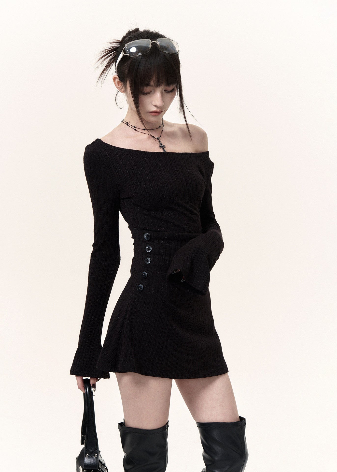 Black ruched off-shoulder knit top and shorts two-piece set