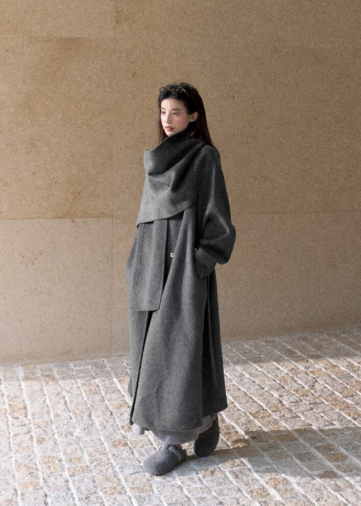 Oversized double-faced wool coat with statement scarf collar