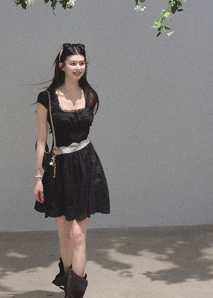 Black lace waist maxi dress with feminine fitted silhouette
