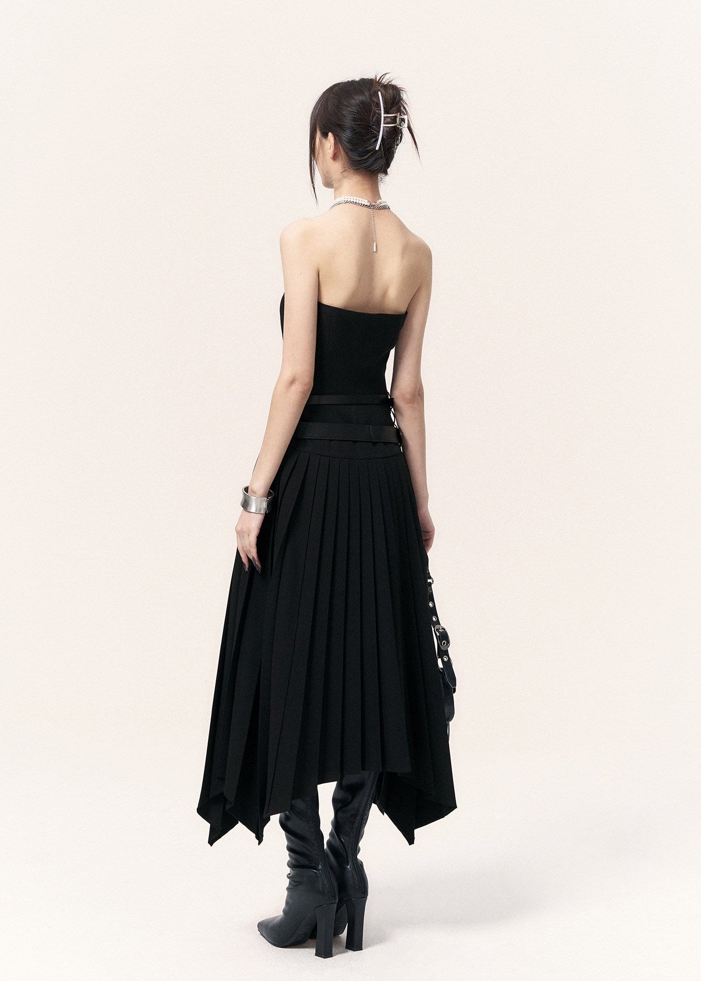 1. Dark asymmetric midi dress with a draped handkerchief hem and fitted waist