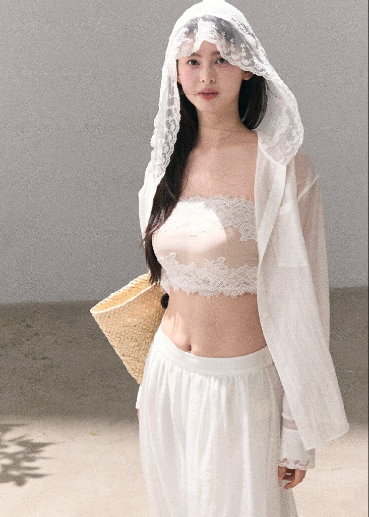 White hooded lace-trim shirt cardigan for women