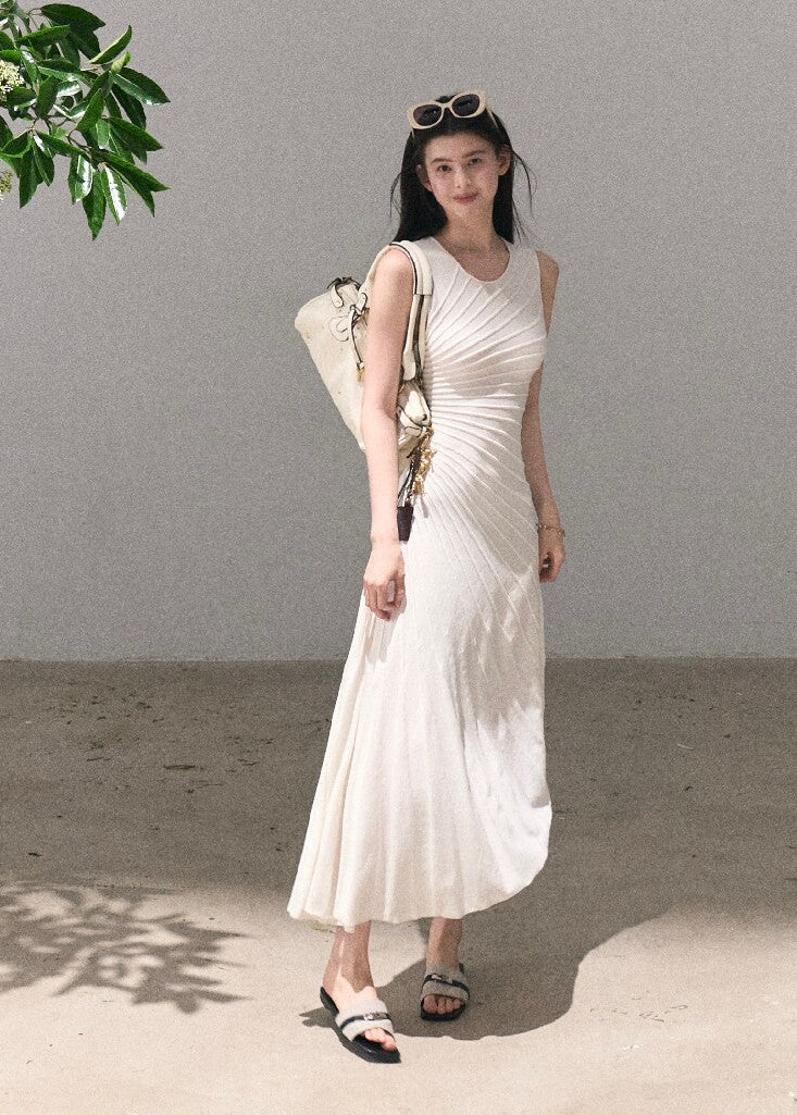 Grey draped midi dress with a refined sleeveless silhouette